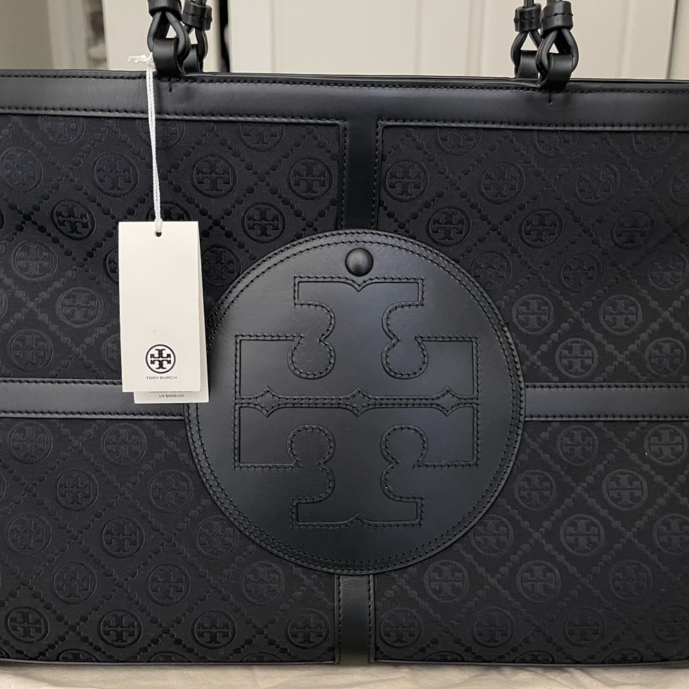 NEW w/ Tag and Dust Bag Tory Burch Black Ella Quadrant T Monogram Tote Bag